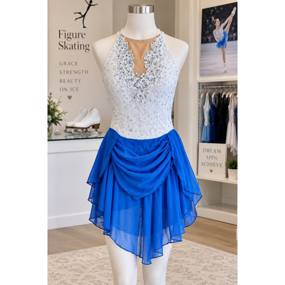 The Line Up Rhinestone Figure Skating Dance Dress Blue White Small